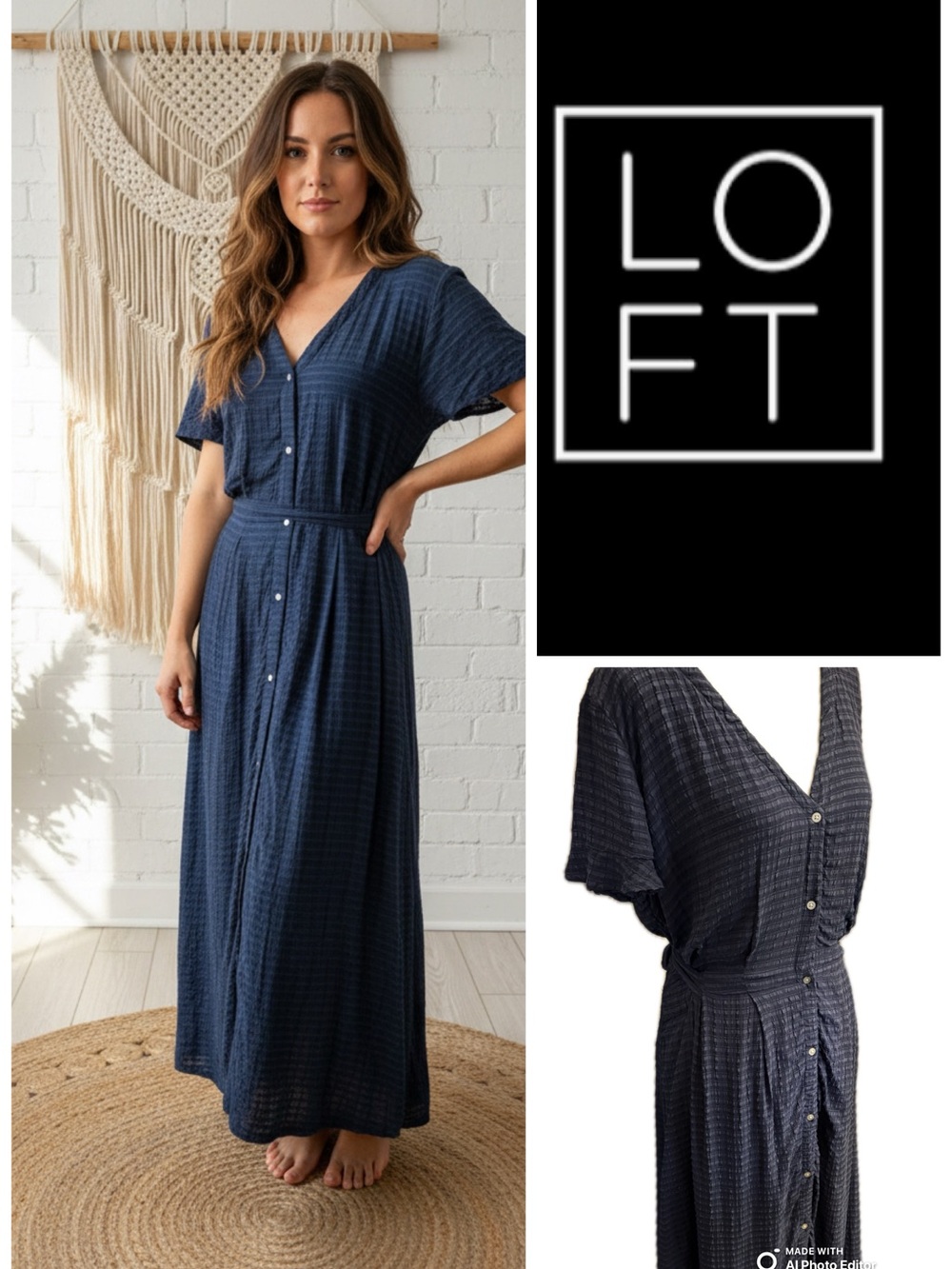 LOFT Deep Periwinkle Blue Textured Button-Front Maxi Dress